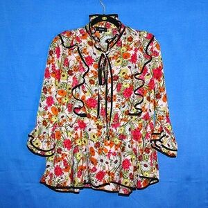 Dice Floral Print Tunic Top - Women's Size L - Ruffle Trim - Boho/Vintage Style